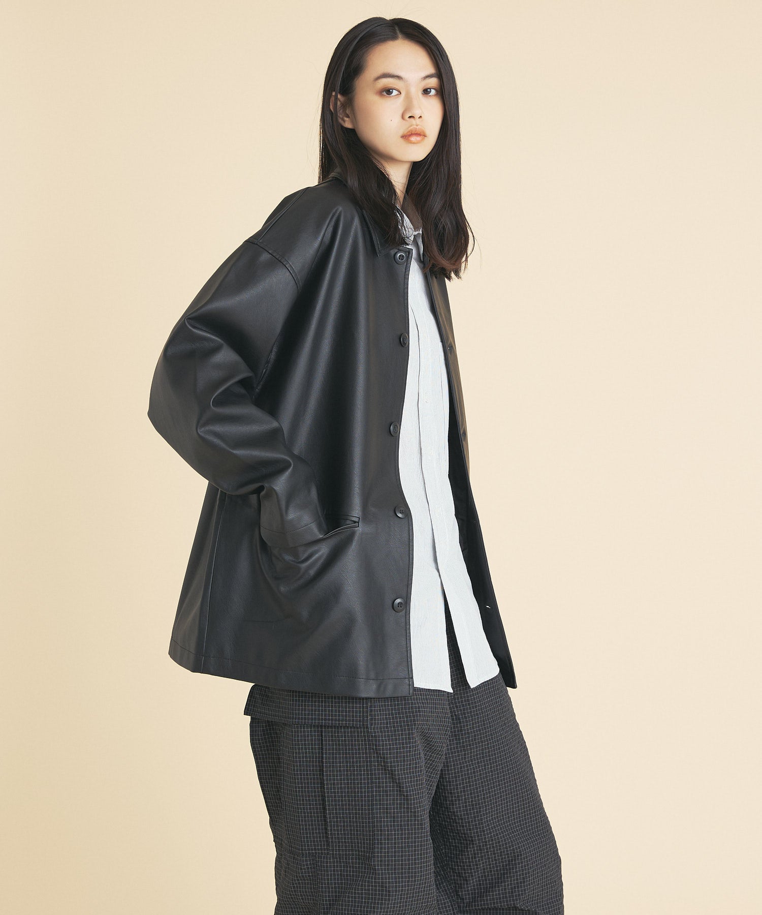 SYNTHETIC LEATHER HALF COAT
